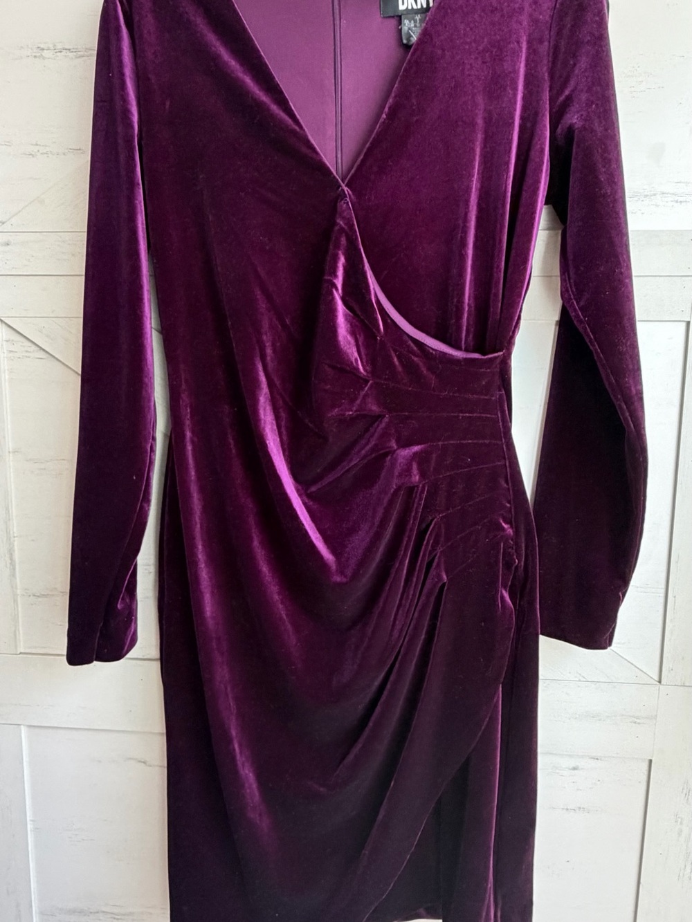 DKNY Deep Plum Velvet Long-Sleeve Wrap-Style Dress